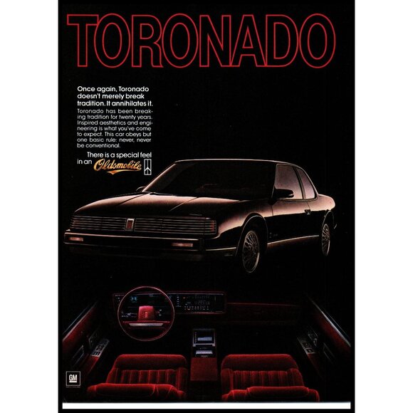 1985 Oldsmobile Toronado Coupe Vintage Print Ad Burgundy Interior 80s Wall Art - Picture 1 of 1